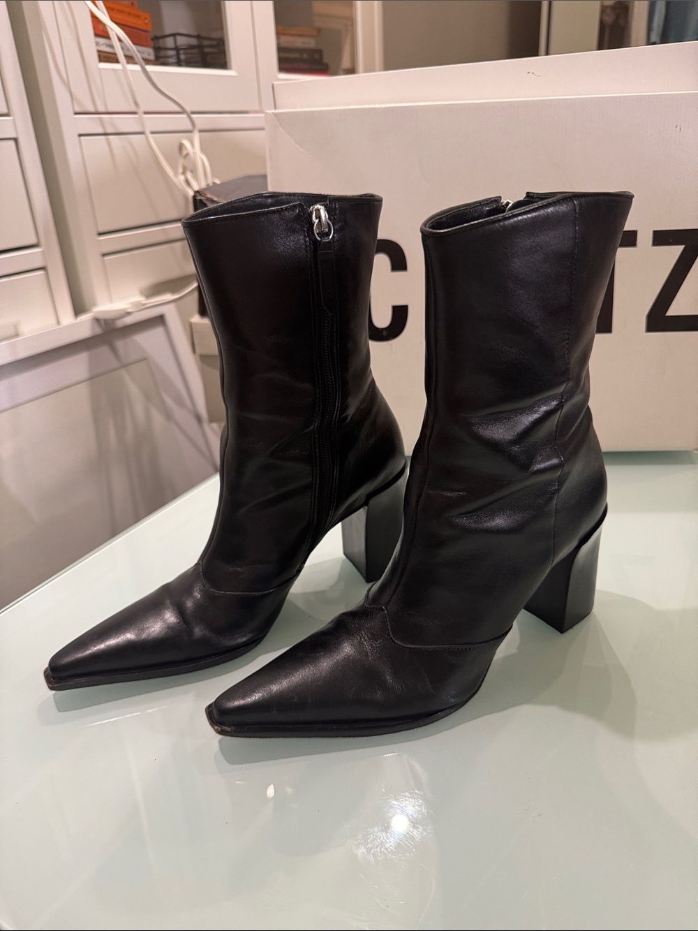SCHUTZ Black Pointed-Toe Mid-Calf Leather Heeled Boots
